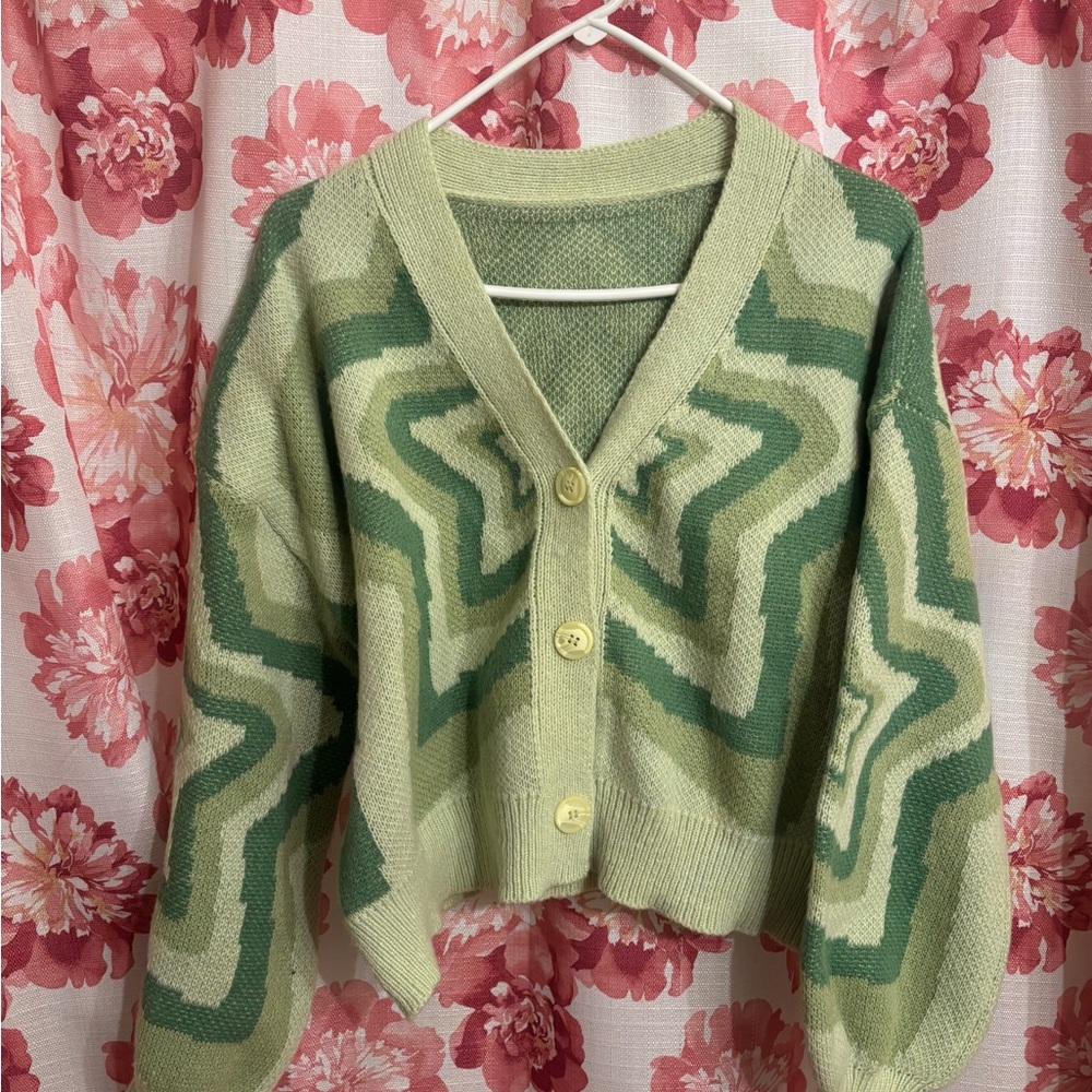 SHEIN curve Zigzag Knit Cardigan in Green and Cream